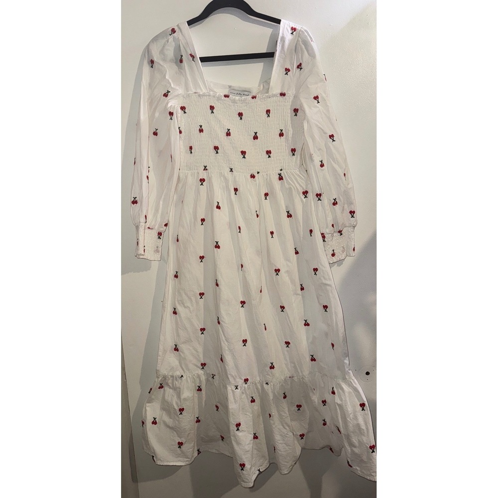 Never Fully Dressed Sz 10 White Cherry Embroidered Square Neck Midi Dress FLAW